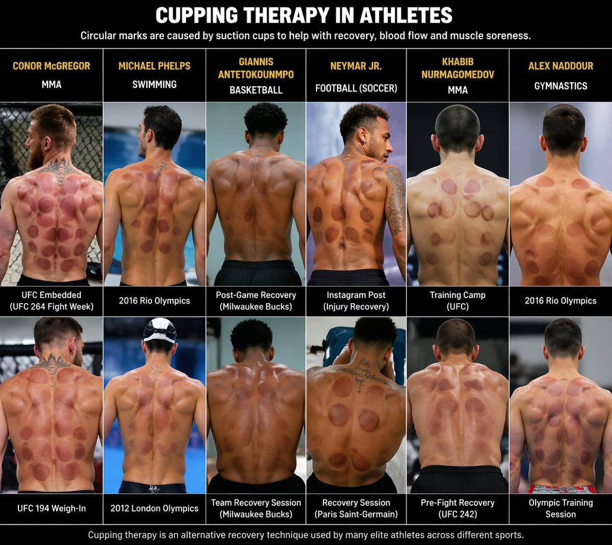 Cupping therapy marks visible on elite athletes including Michael Phelps, Neymar Jr and Conor McGregor